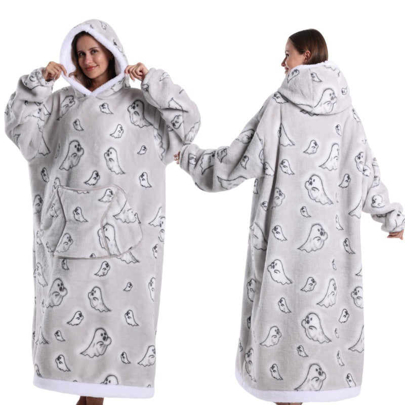 Fleece wearable blanket hoodie, ghost print