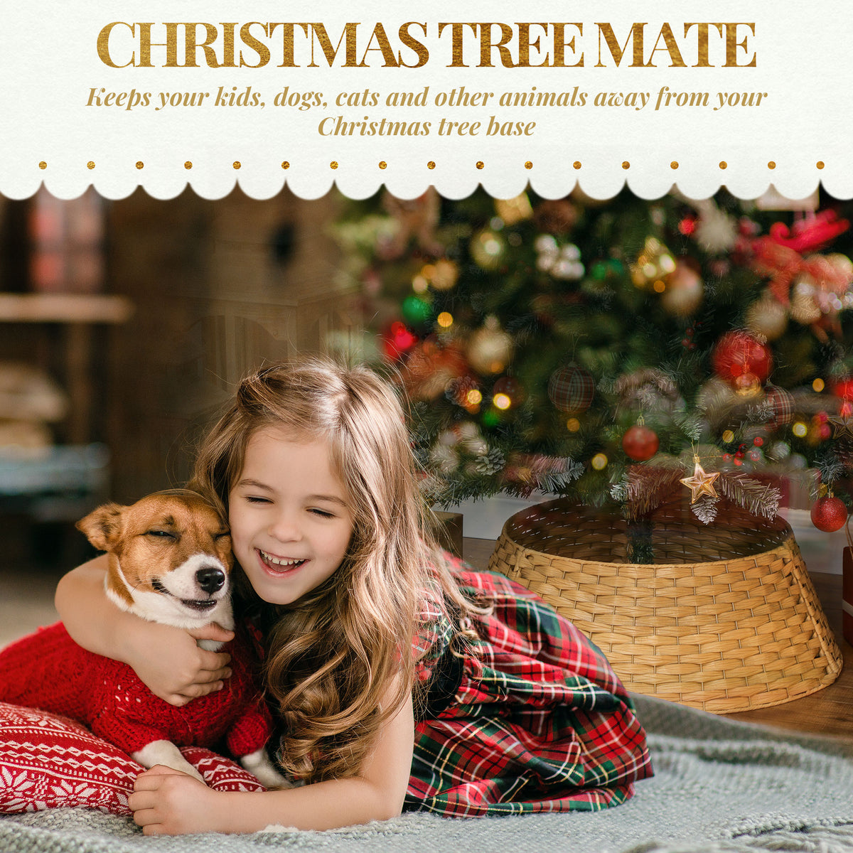 Natural woven Christmas tree collar around the base of a tree