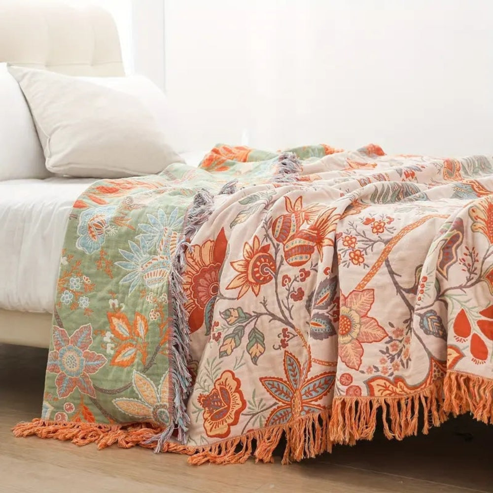 Fringed Floral Boho Throw