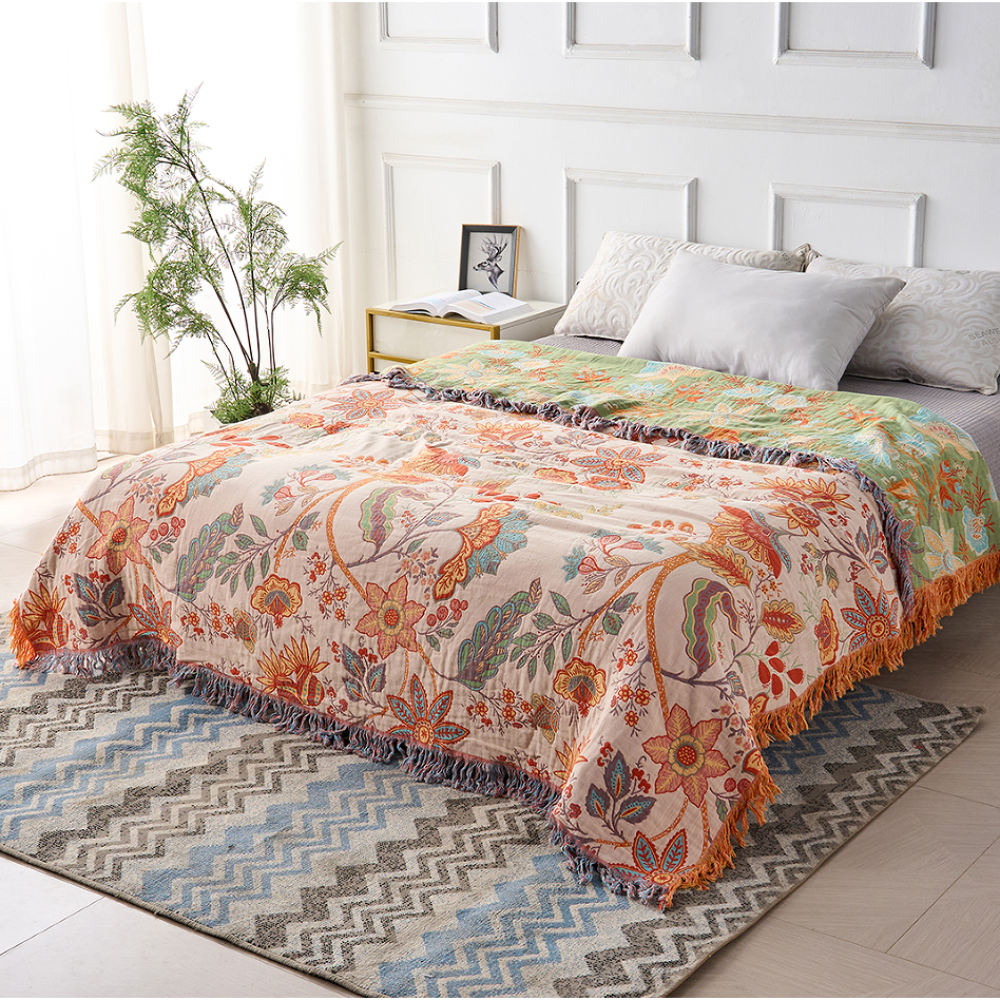 Fringed Floral Boho Throw