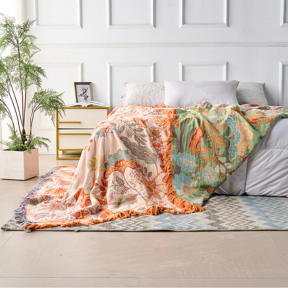 Fringed Floral Boho Throw