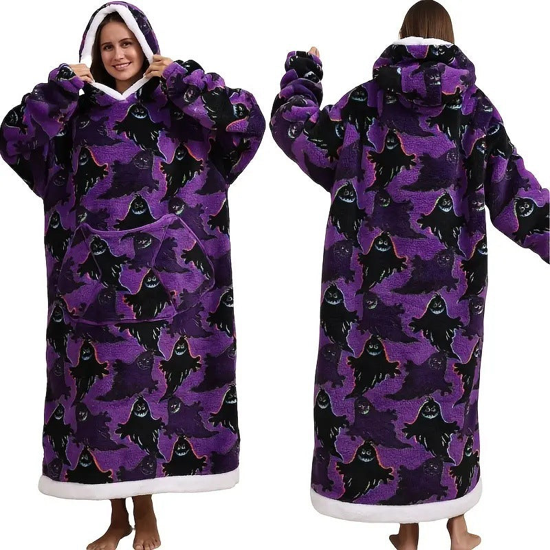 Fleece wearable blanket hoodie, purple ghost print