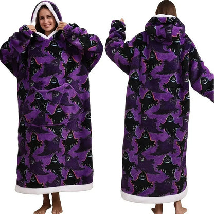 Fleece wearable blanket hoodie, purple ghost print