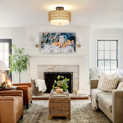 Boho Rattan Linen Ceiling Light
