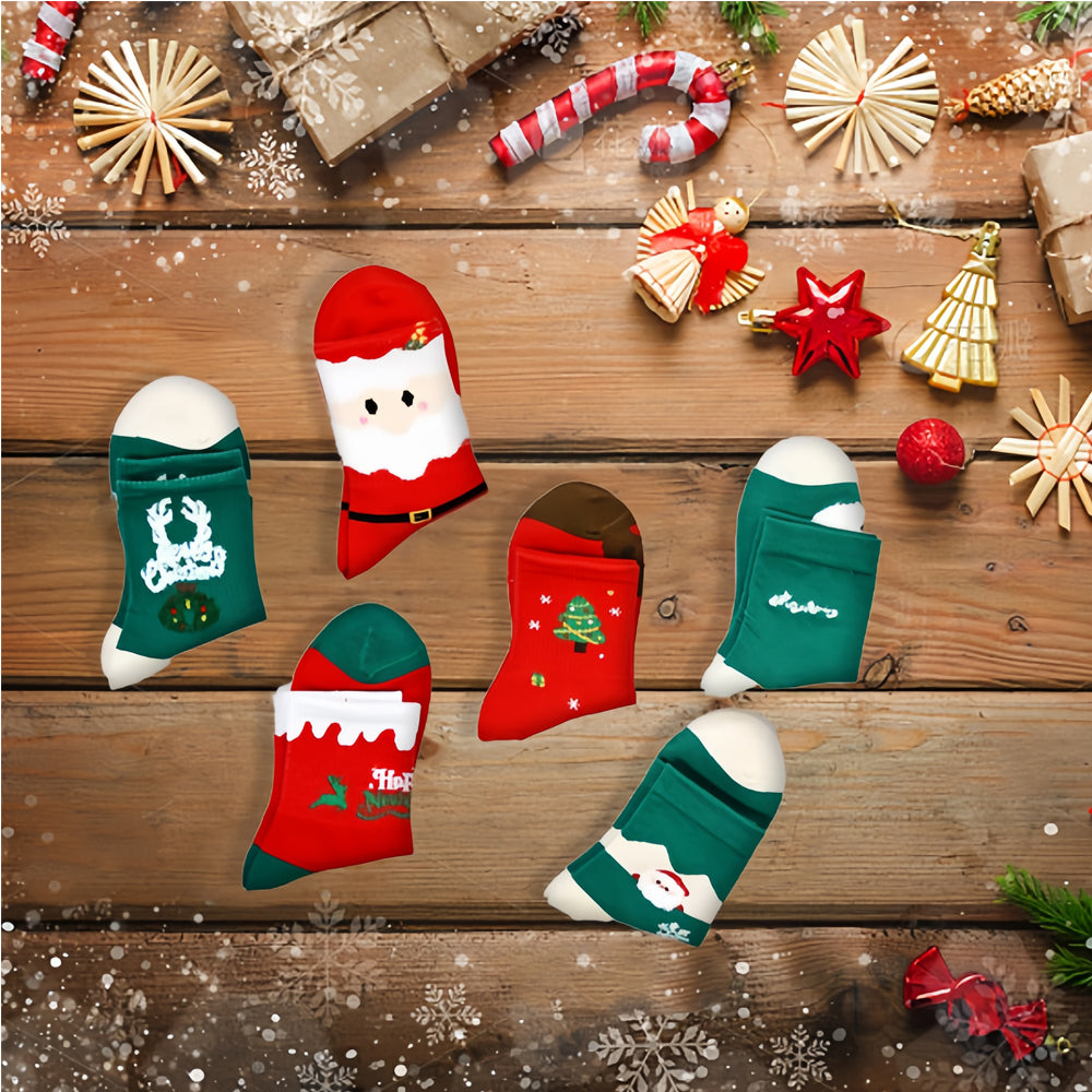 Six pairs of Christmas socks in a gift box with greeting cards