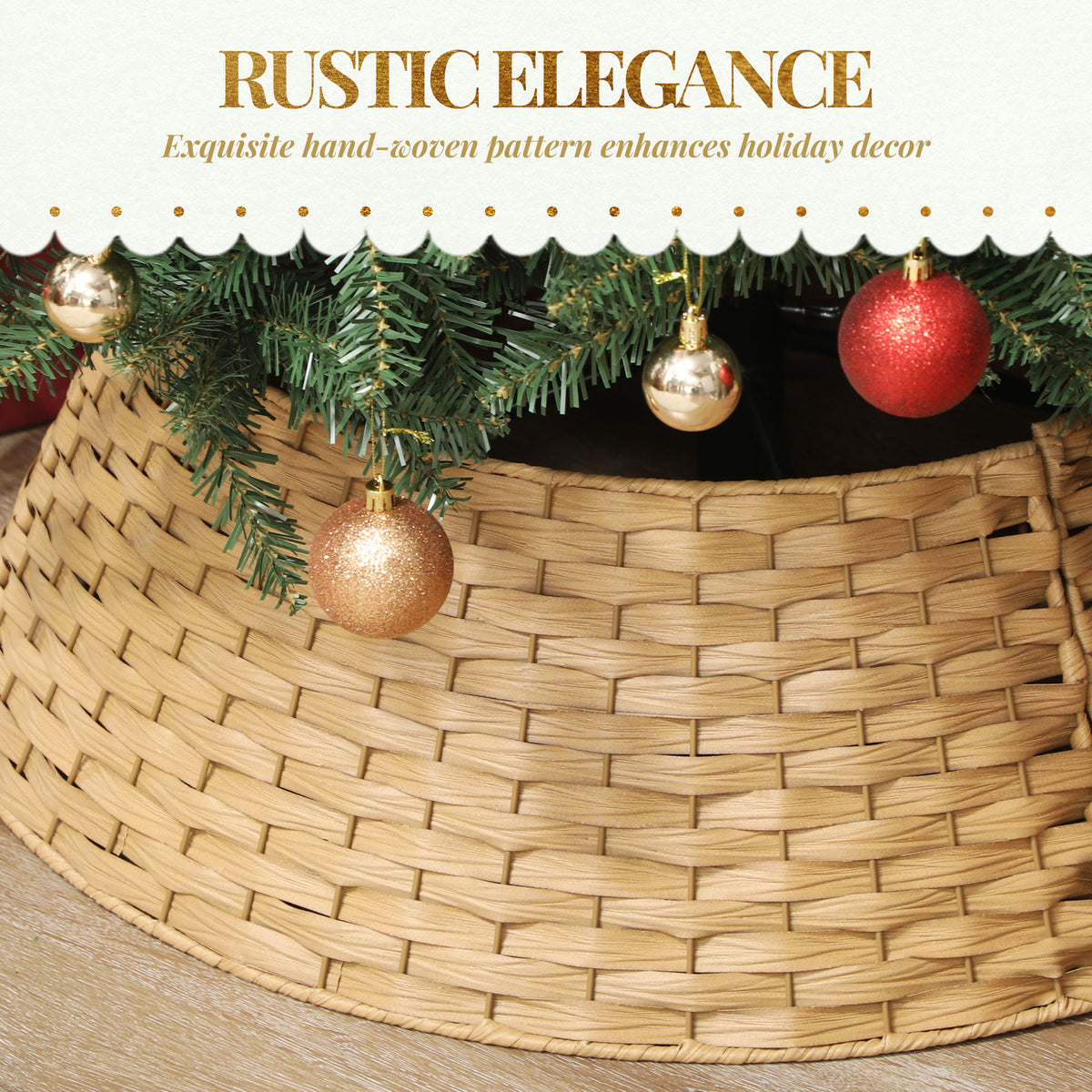 Natural woven Christmas tree collar around the base of a tree