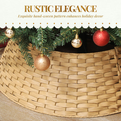 Natural woven Christmas tree collar around the base of a tree