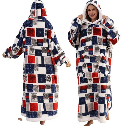 Fleece wearable blanket hoodie, Gray Plaid print