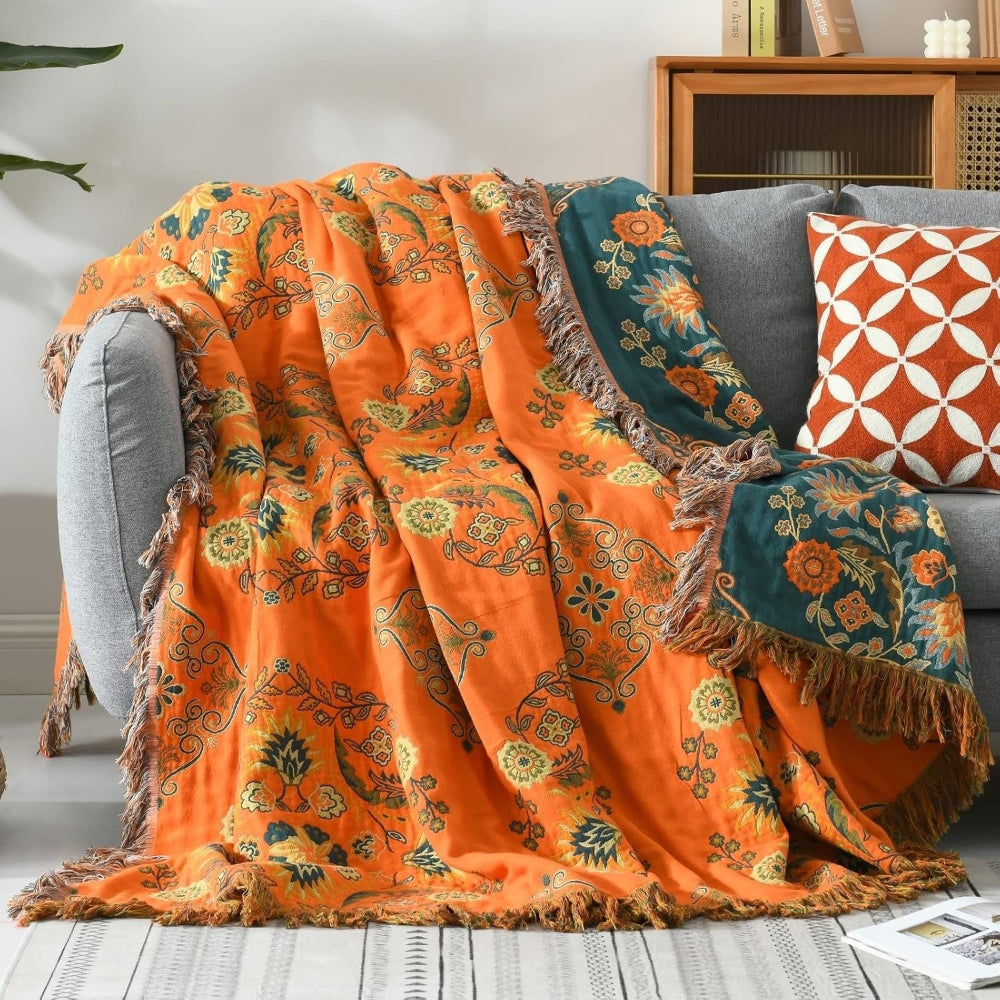 Reversible Fringed Cotton Throw