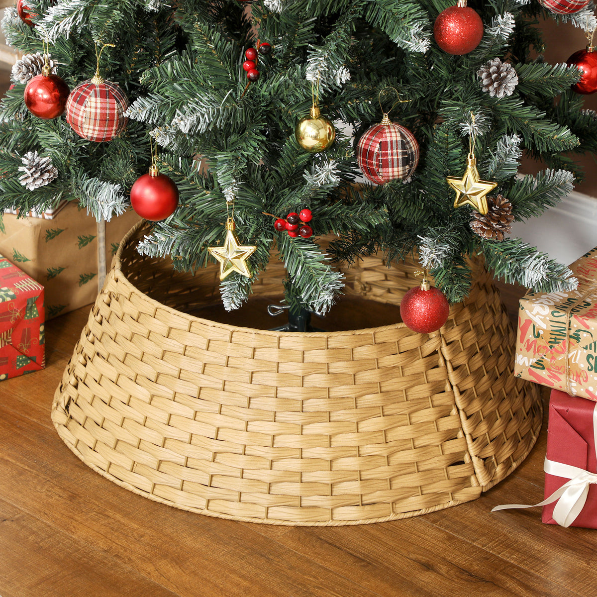 Natural woven Christmas tree collar around the base of a tree
