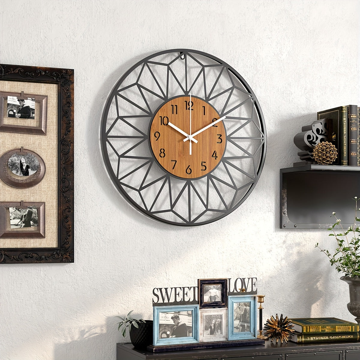 Metal Wall Clock with Wood Grain Center