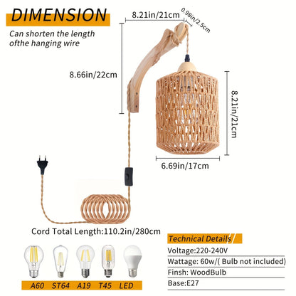 Boho Wood and Rattan Wall Lamp