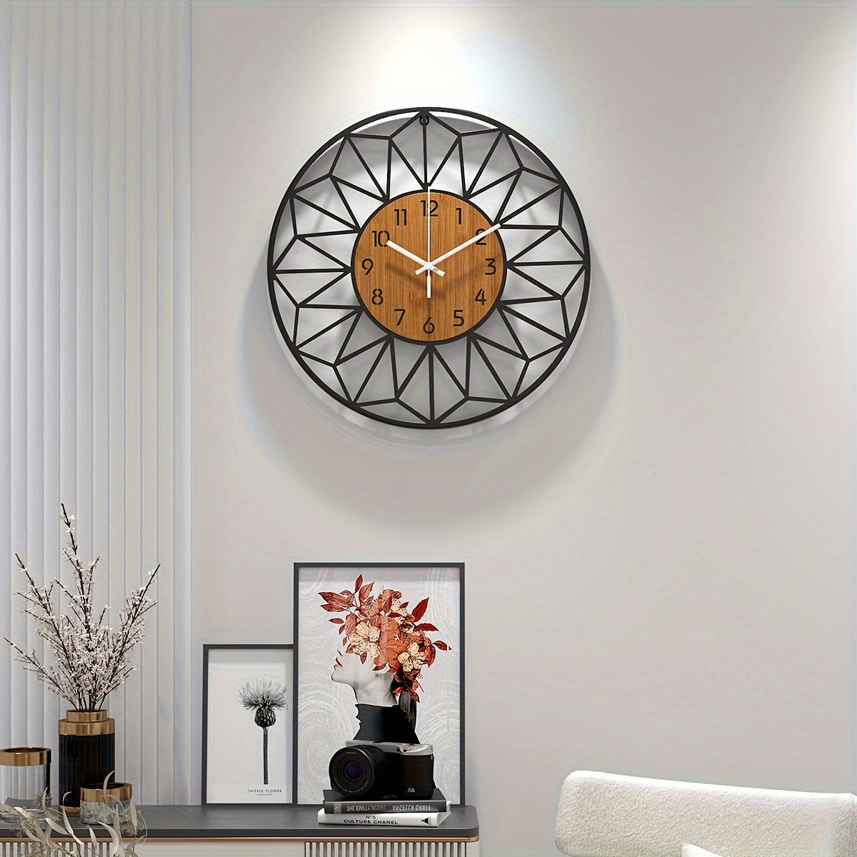 Metal Wall Clock with Wood Grain Center