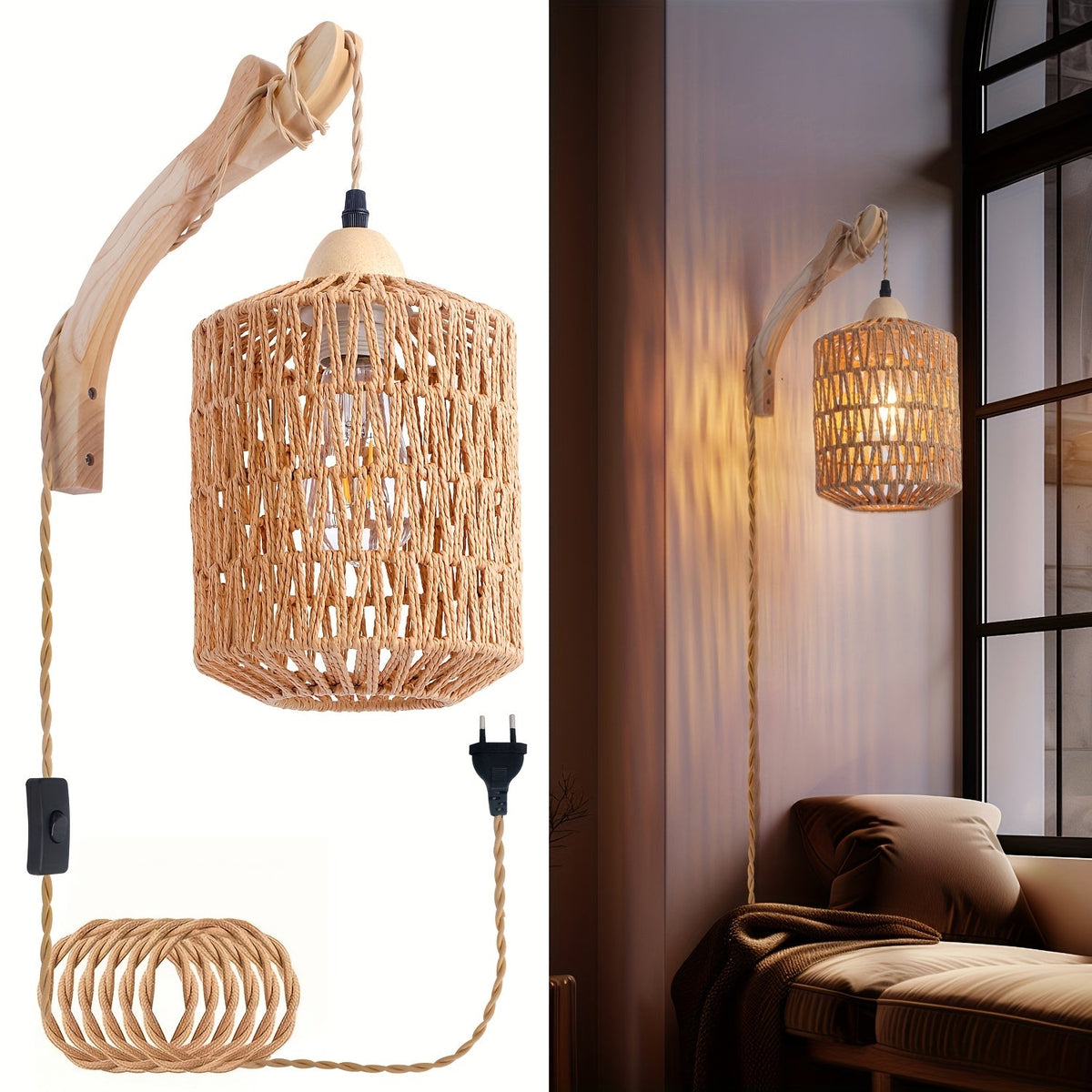 Boho Wood and Rattan Wall Lamp