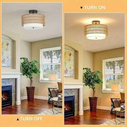 Boho Rattan Linen Ceiling Light