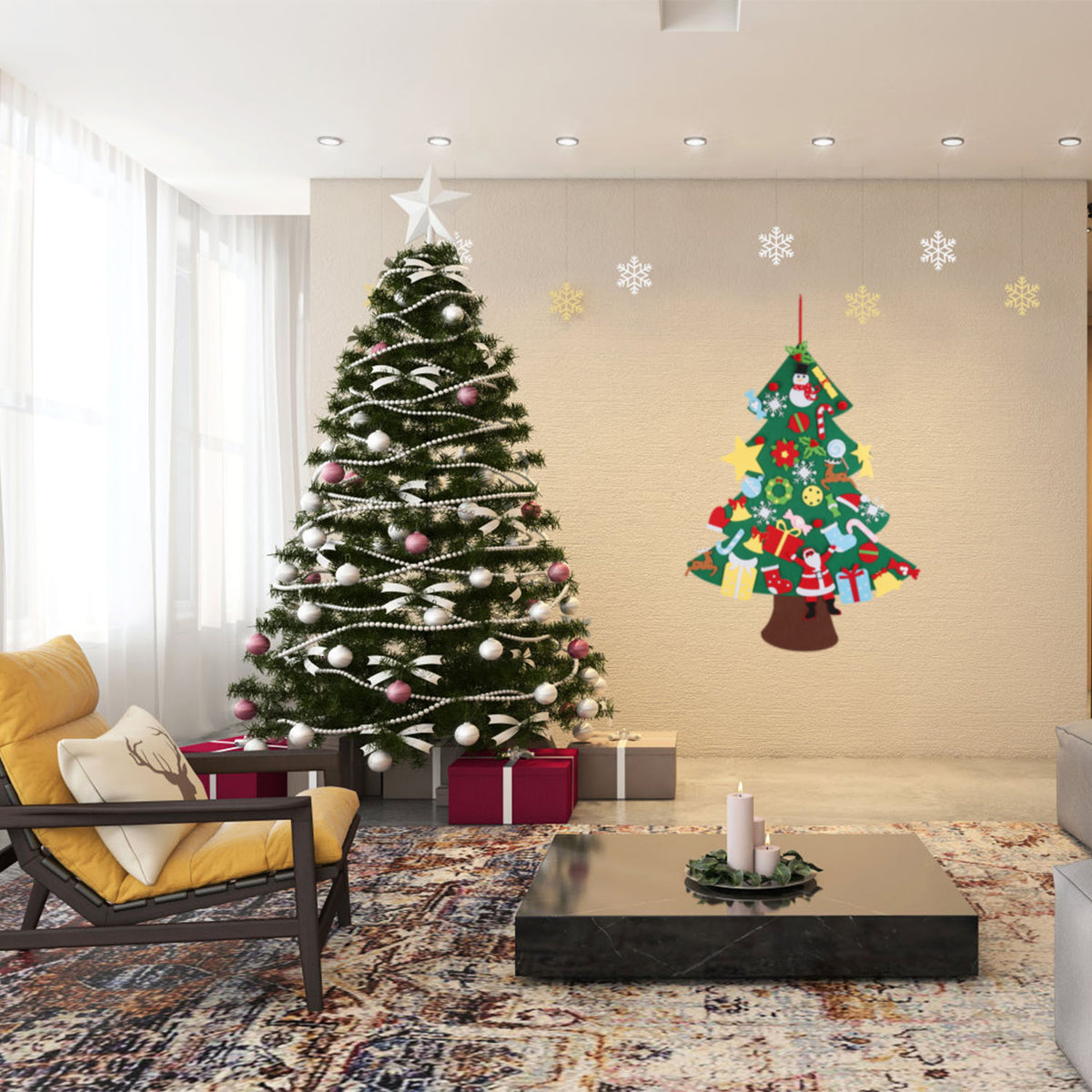 Felt Christmas tree wall hanging with colorful felt ornaments