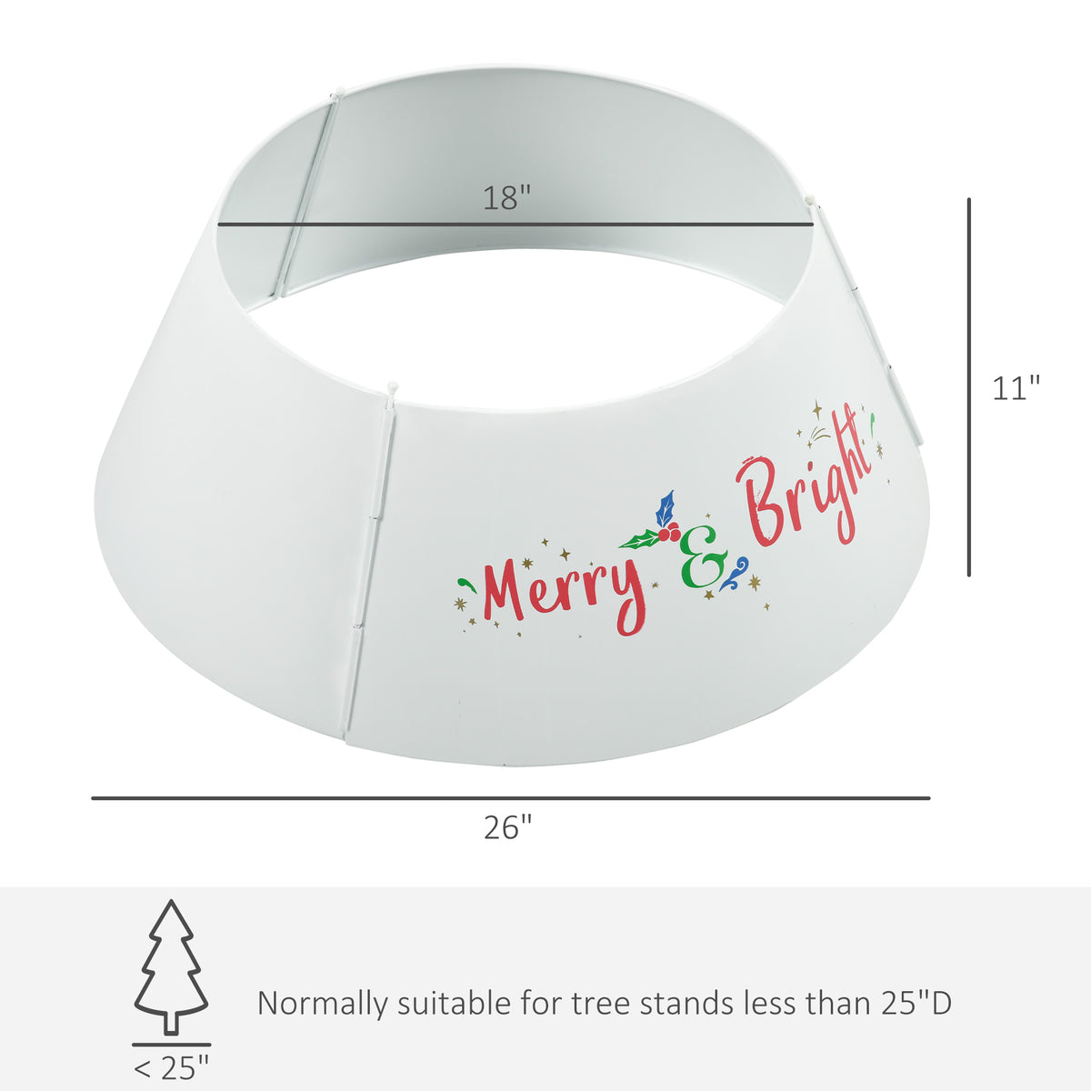 White metal Christmas tree collar with Merry and Bright lettering
