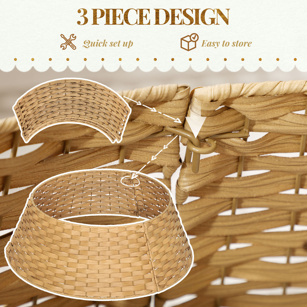 Natural woven Christmas tree collar around the base of a tree