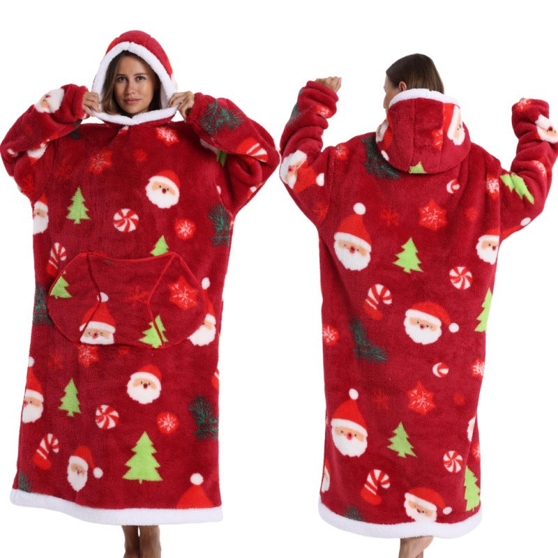 Fleece wearable blanket hoodie, Snowman With Red Background print