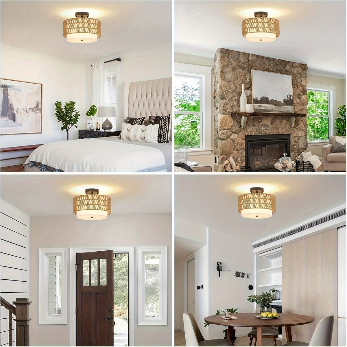 Boho Rattan Linen Ceiling Light
