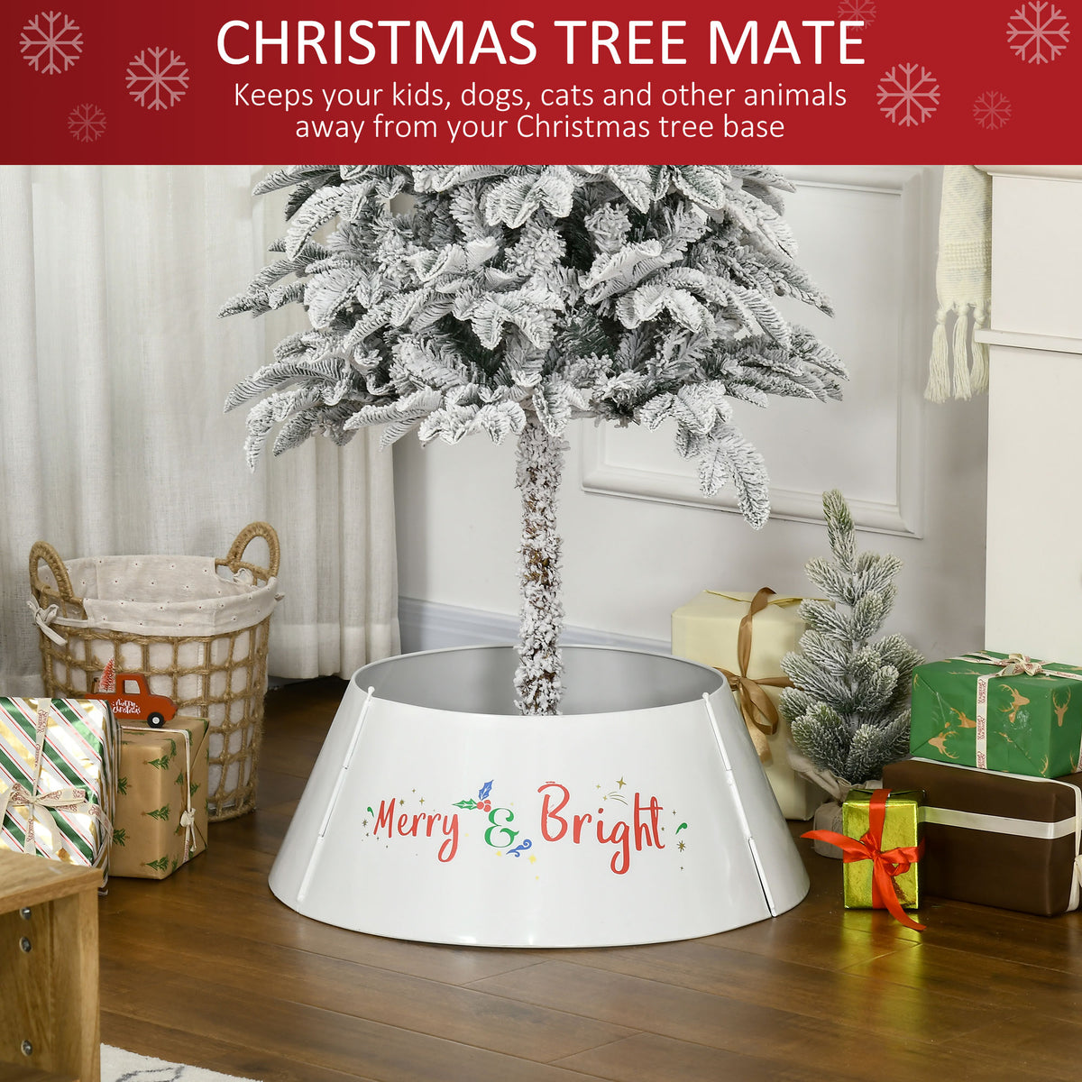 White metal Christmas tree collar with Merry and Bright lettering