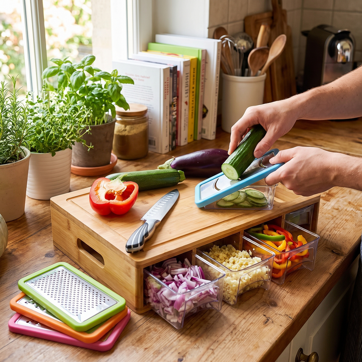 Bamboo Cutting Board with Storage Trays and Graters