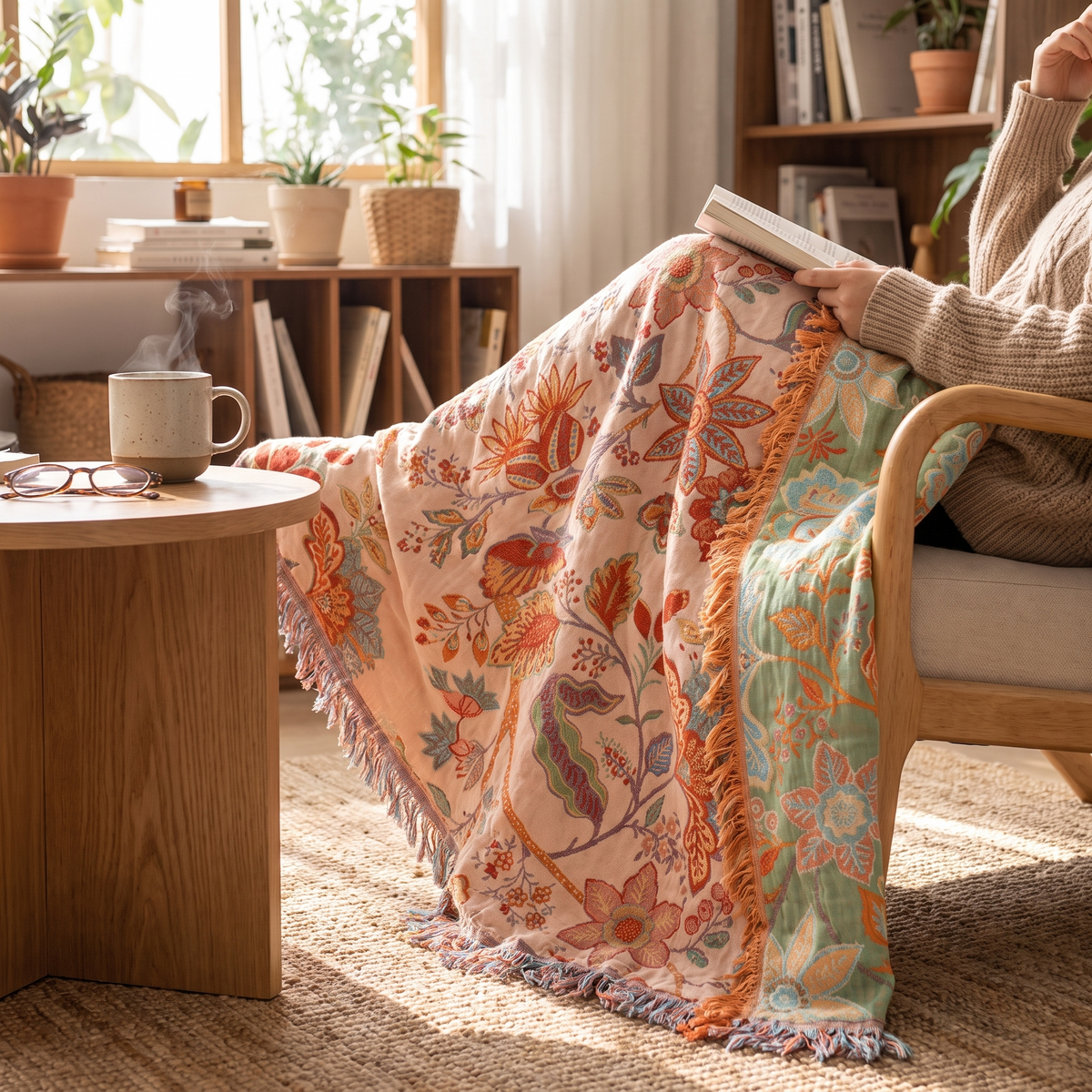Blanket Throw Fringe Floral Boho