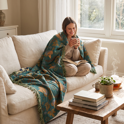 Blanket Throw Scandinavian Bird Reversible