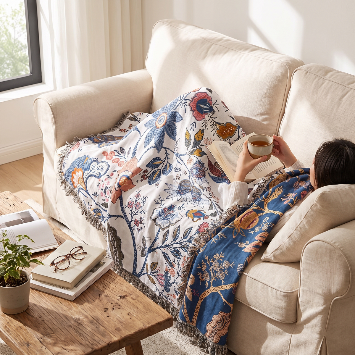Blanket Throw Floral Reversible Tassel Design
