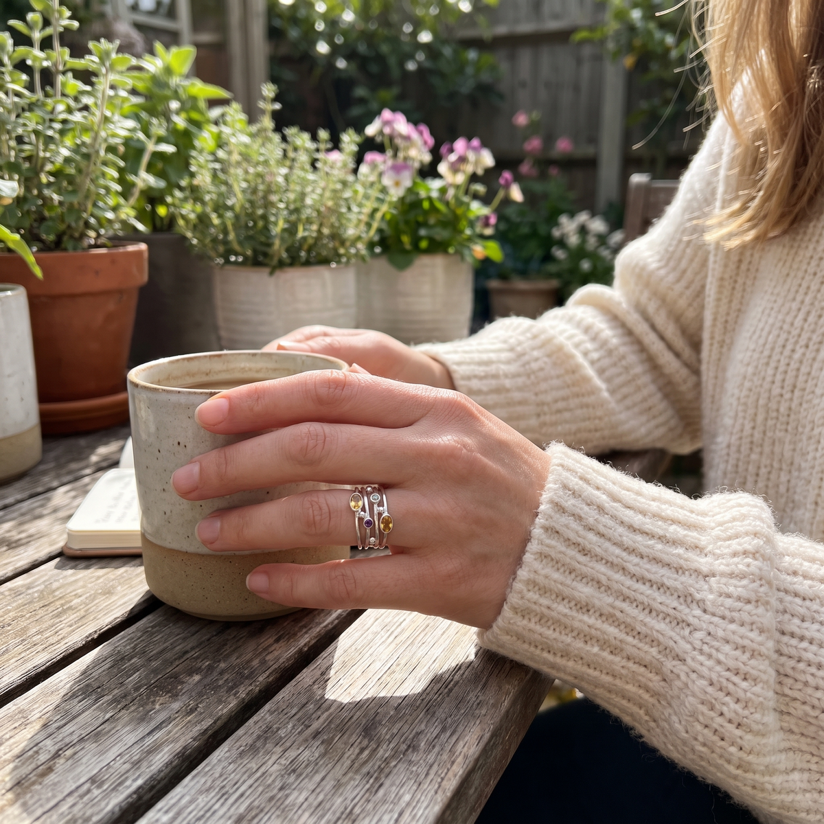 Birthstone Ring Silver Adjustable Boho Zircon