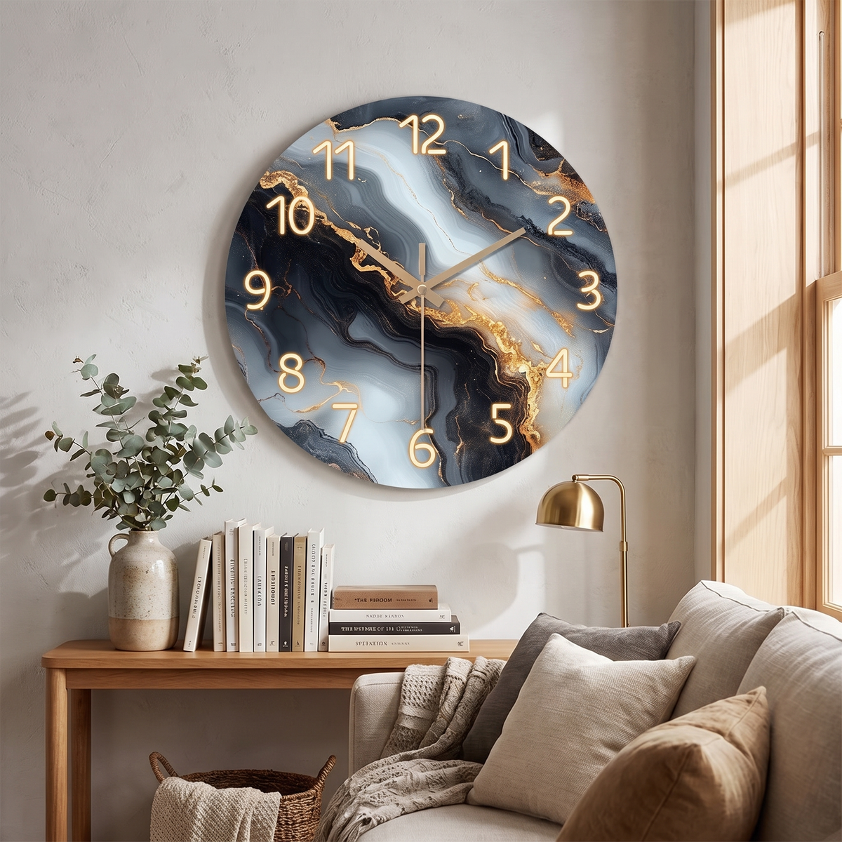 Blue and Gold Marble Wall Clock Silent Wooden