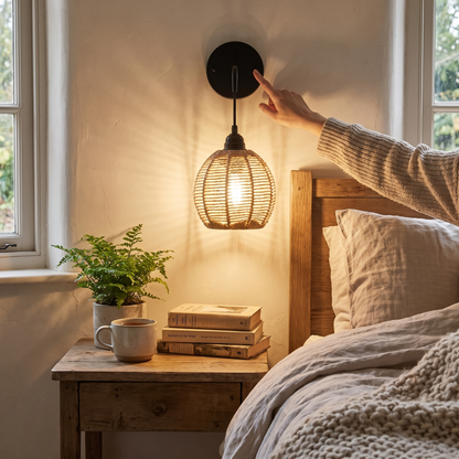 Boho Rattan Wall Lamp Handwoven Sconce