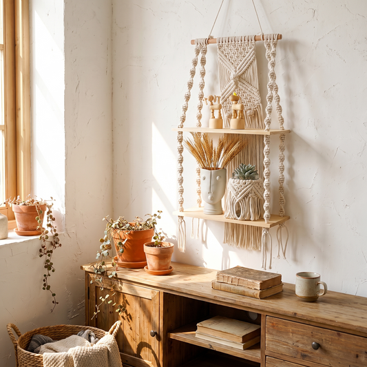 Boho Macrame Wall Shelf 2-Tier Hanging Rack