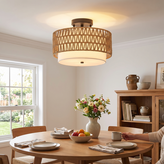 Boho Rattan Ceiling Light Semi Flush Mount