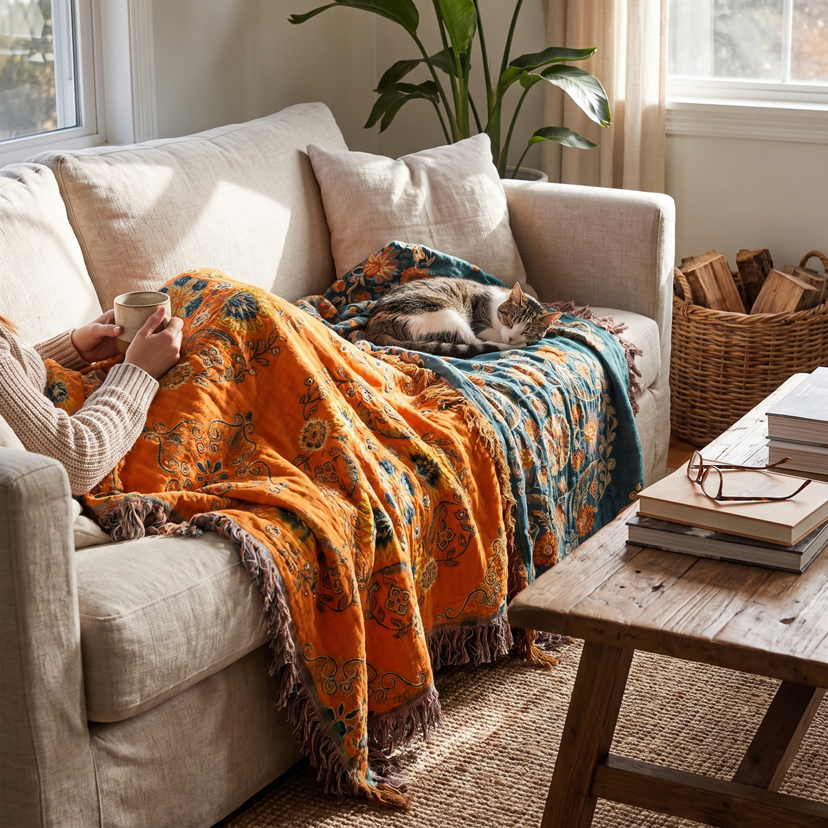 Cotton Throw Blanket Reversible Fringe Design