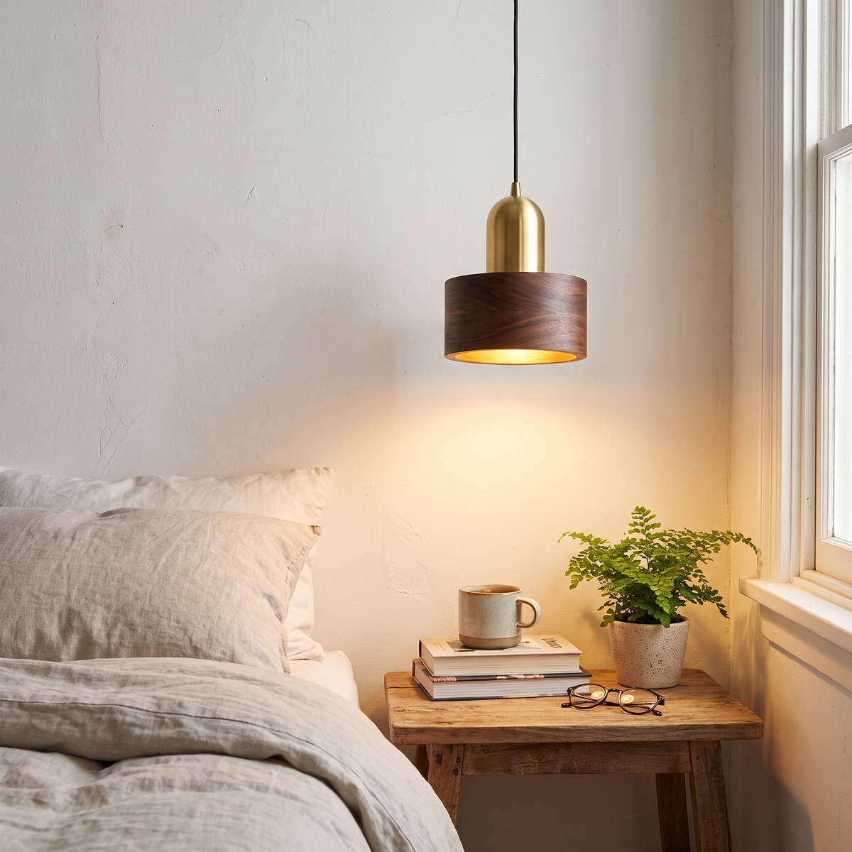 Cylinder Pendant Light Walnut and Brass
