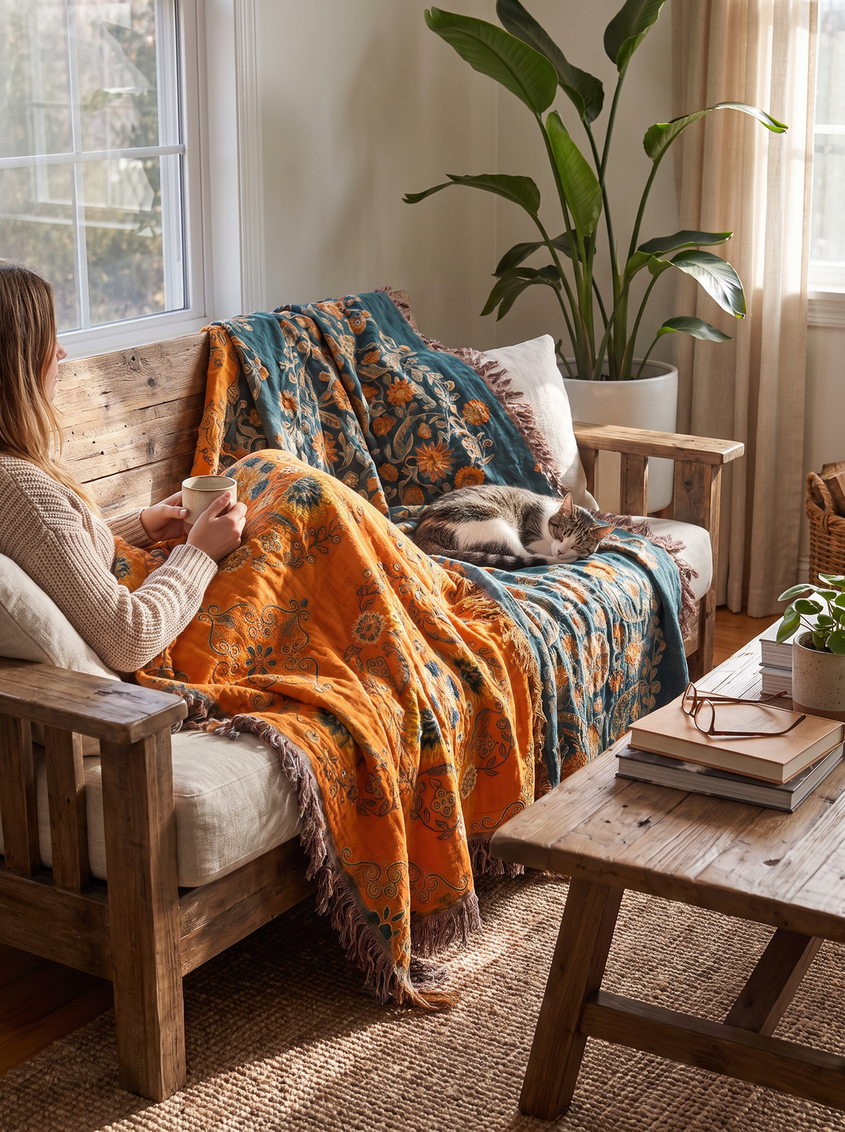 Reversible Fringed Cotton Throw lifestyle 2