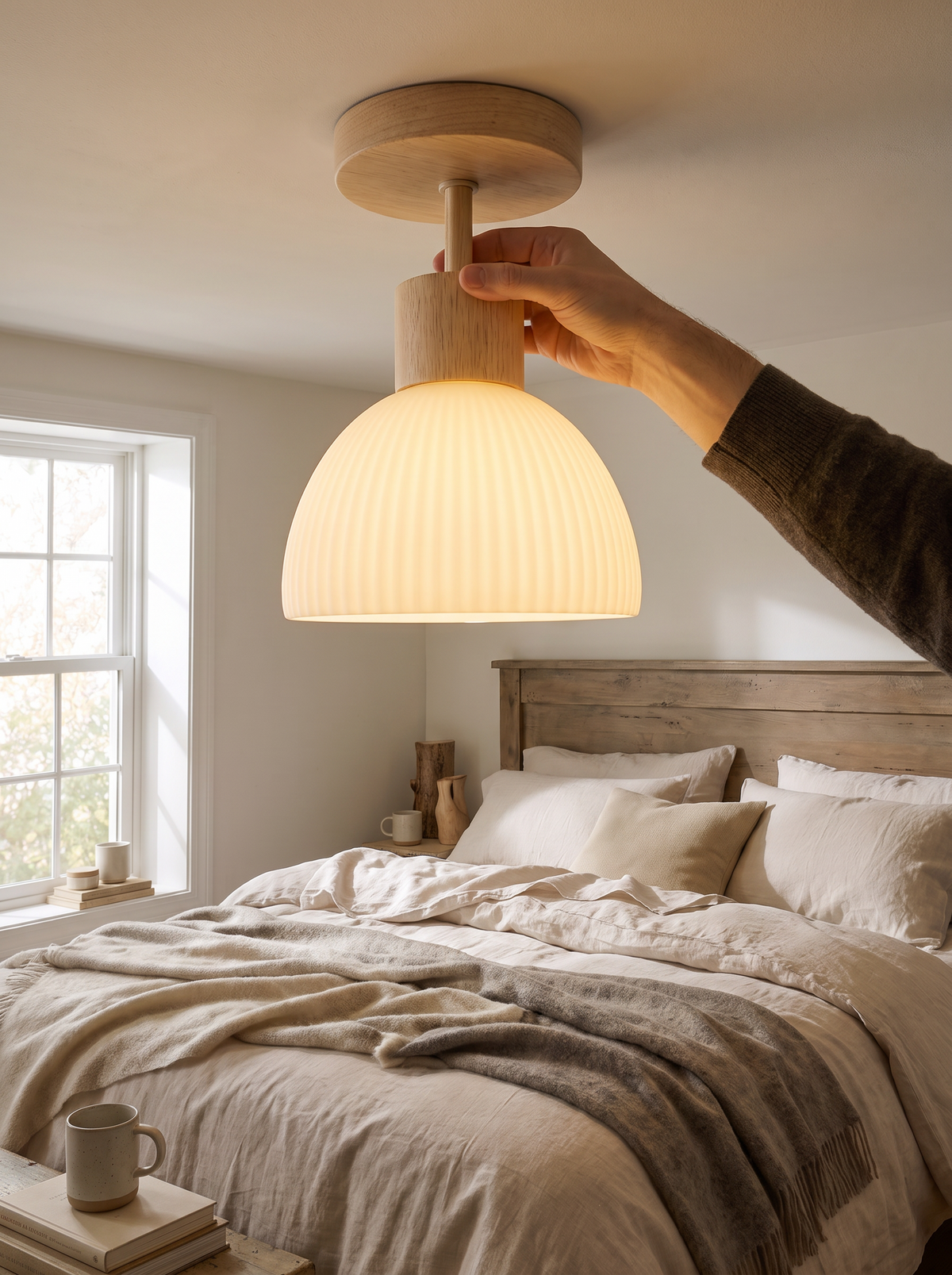 Ailse Wood and Glass Ceiling Lamp lifestyle 3