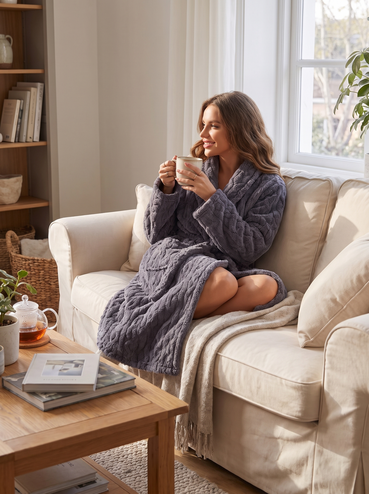 Hooded Coral Fleece Long Robe lifestyle 2