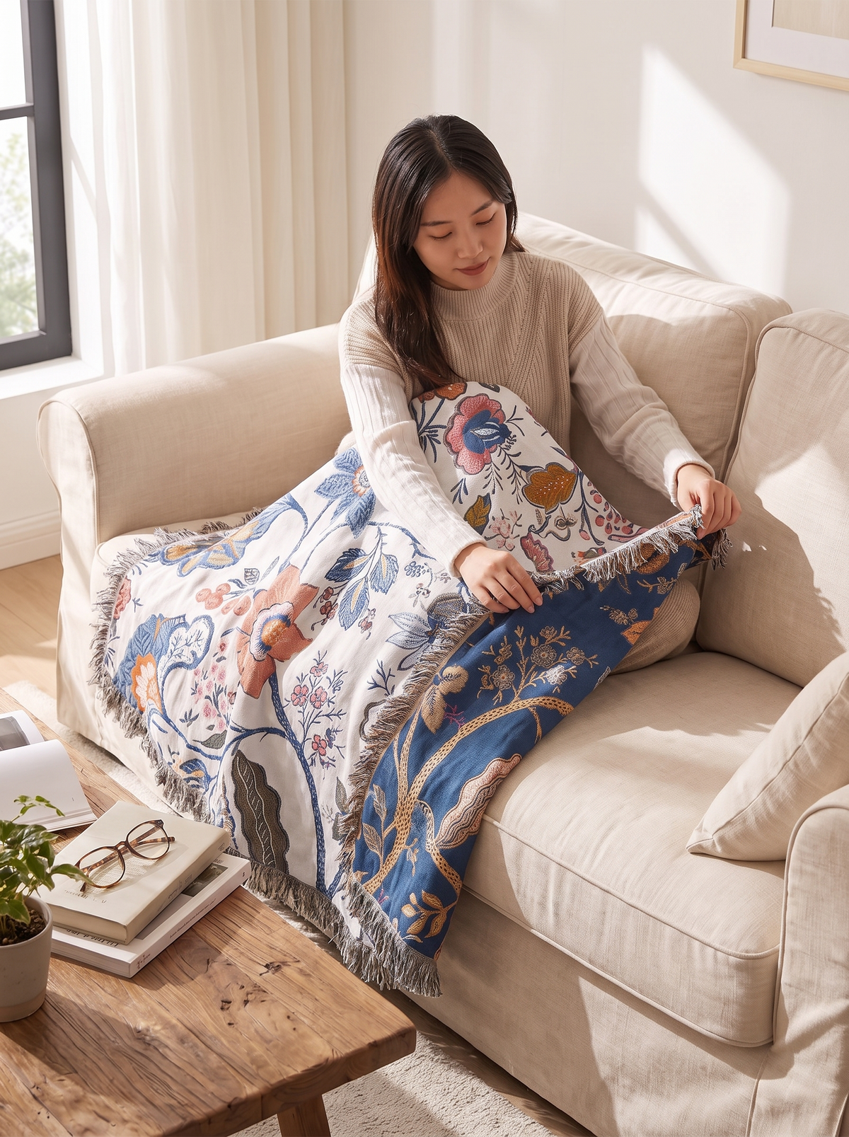 Reversible Floral Tassel Throw lifestyle 1