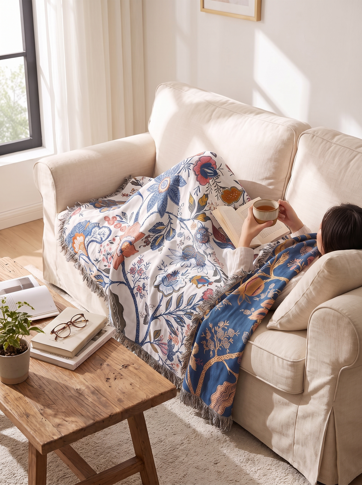Reversible Floral Tassel Throw lifestyle 2