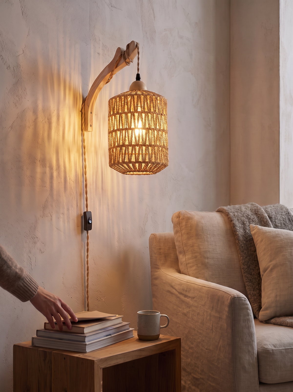 Boho Wood and Rattan Wall Lamp lifestyle 2