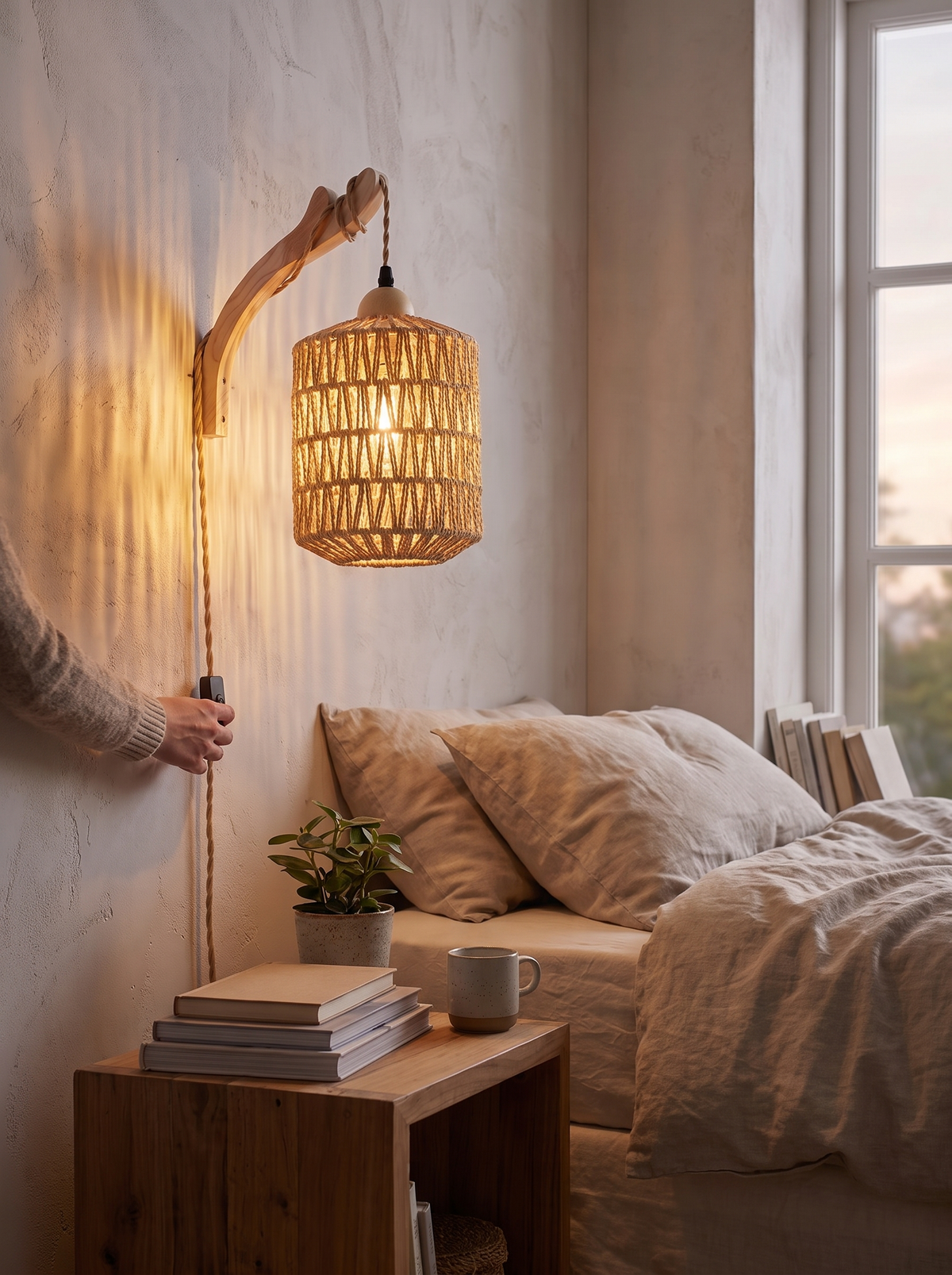 Boho Wood and Rattan Wall Lamp lifestyle 1