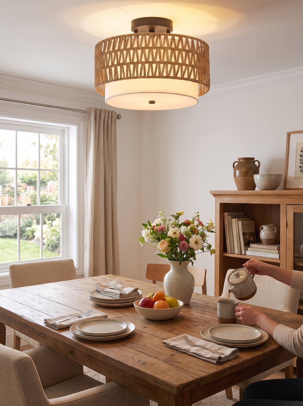 Boho Rattan Linen Ceiling Light lifestyle 1