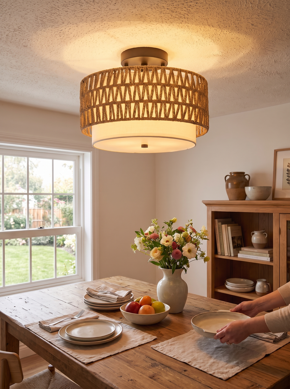 Boho Rattan Linen Ceiling Light lifestyle 3