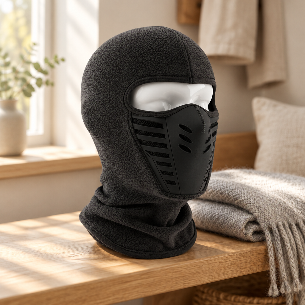 Thermal sports face mask on an oak entryway bench