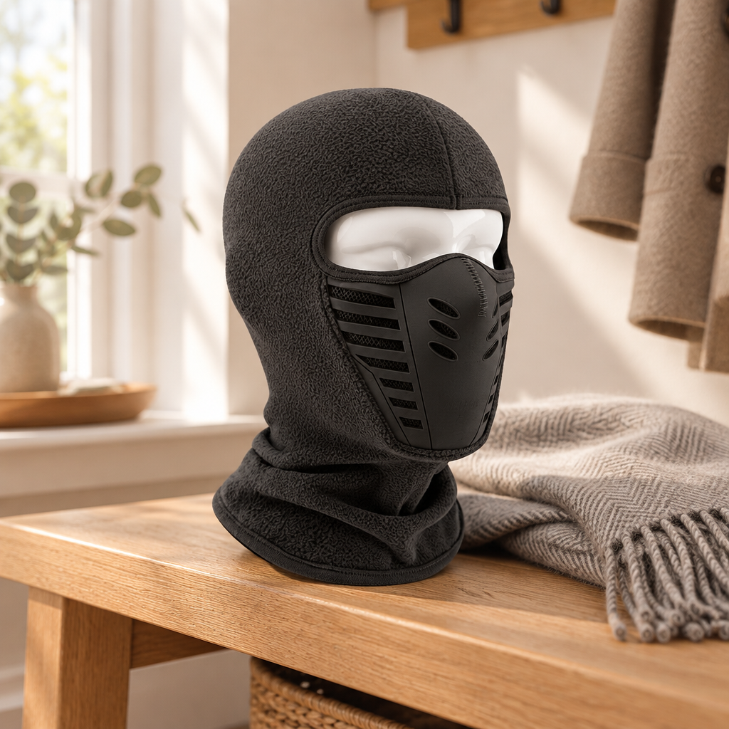 Thermal sports face mask on an oak entryway bench