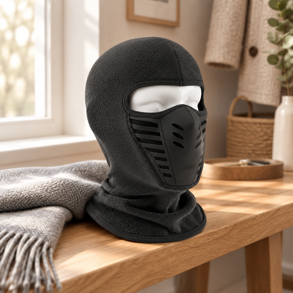 Thermal sports face mask on an oak entryway bench