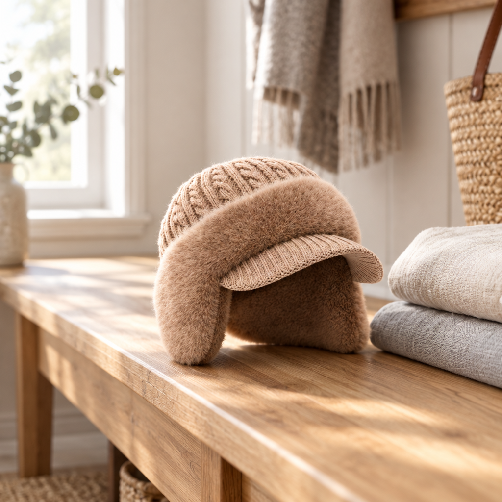Knit trapper hat resting on an oak entryway bench