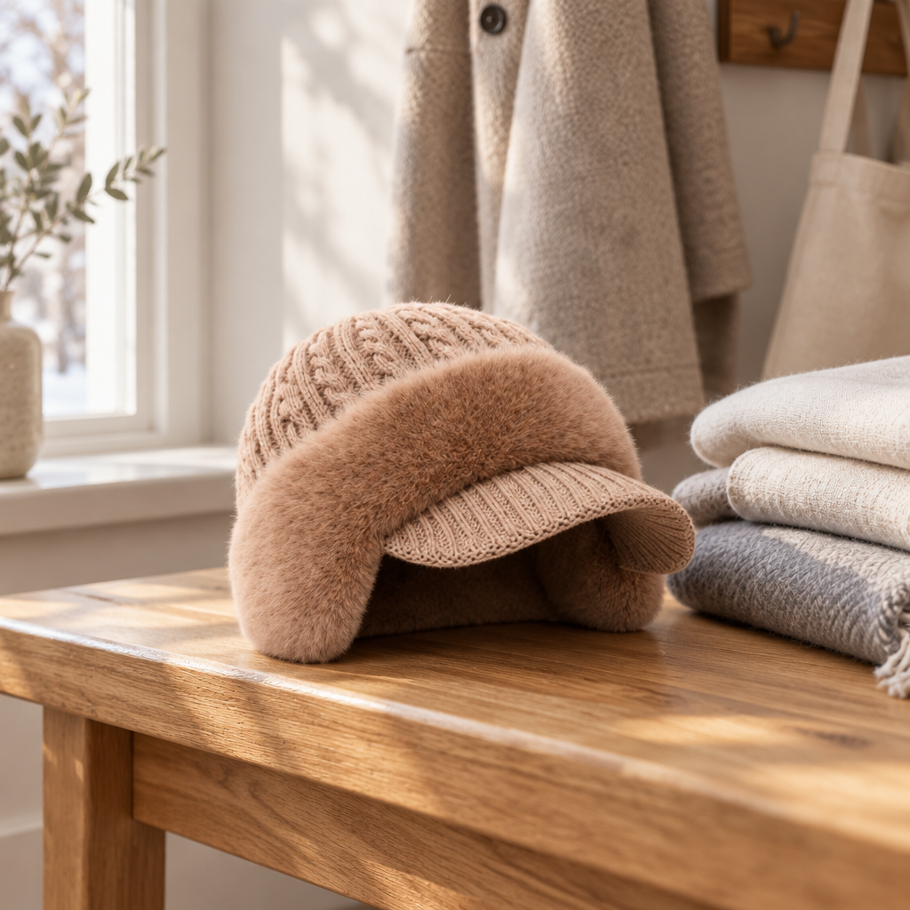 Knit trapper hat resting on an oak entryway bench